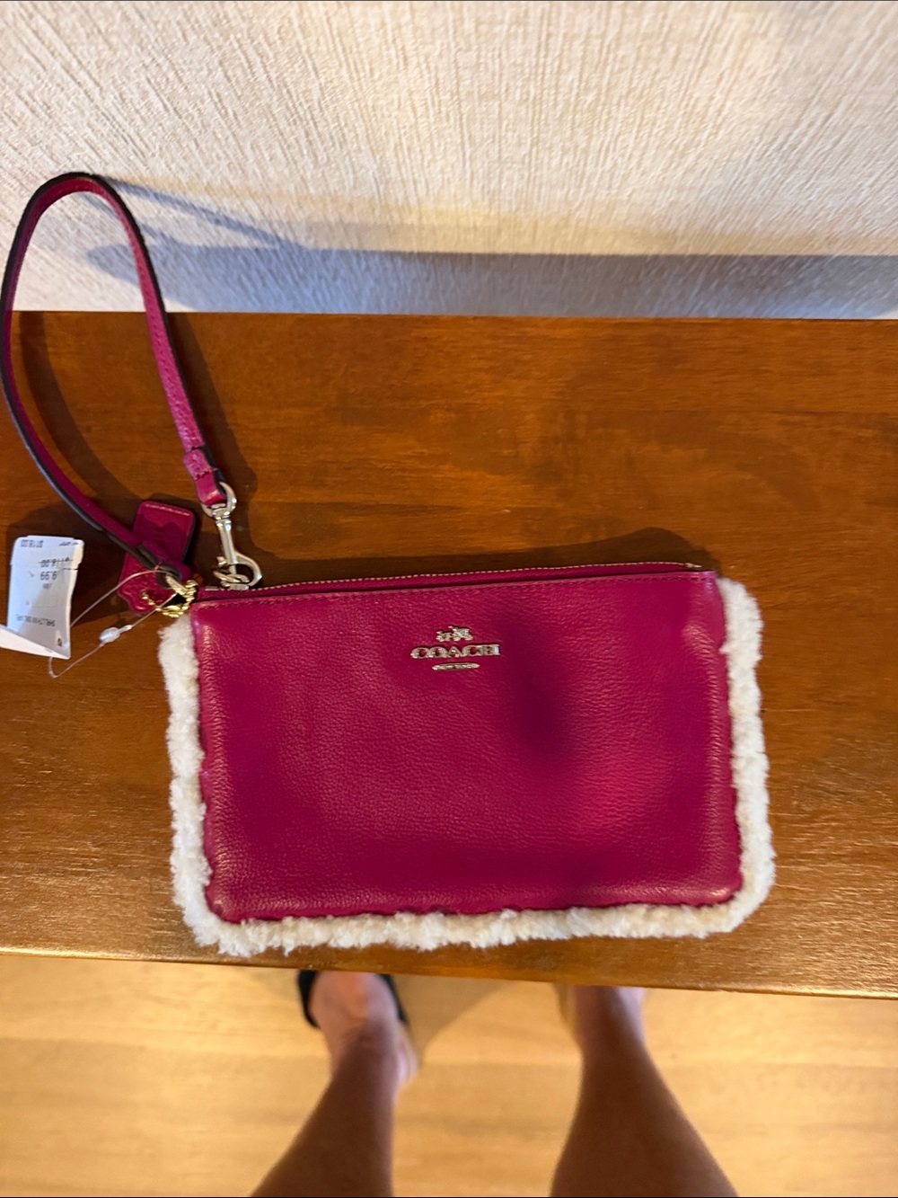 Coach Fuchsia Leather Wristlet with White Shearling Trim